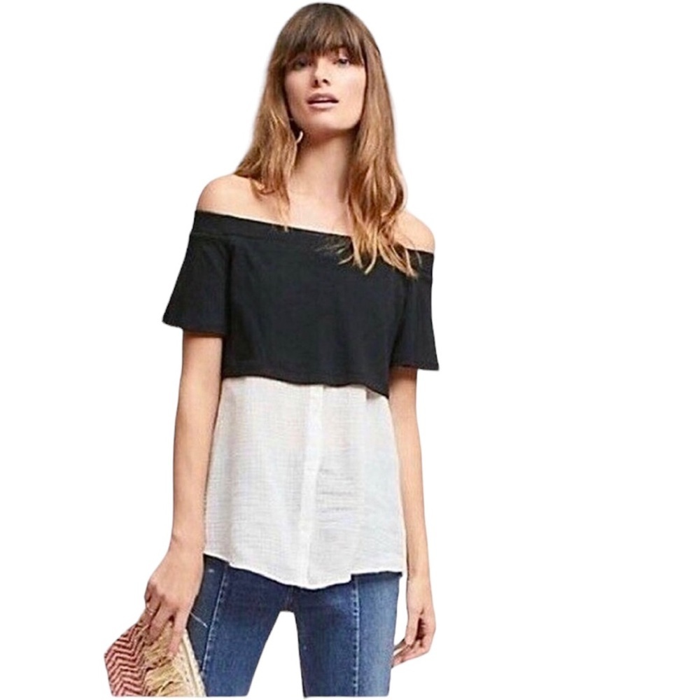 Anthropologie Postmark Layered Off The Shoulder Black & White Top Size XS